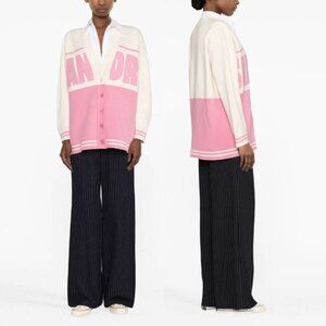 $415 SANDRO White Pink Striped Benidorm Oversized Cardigan Sweater size Large